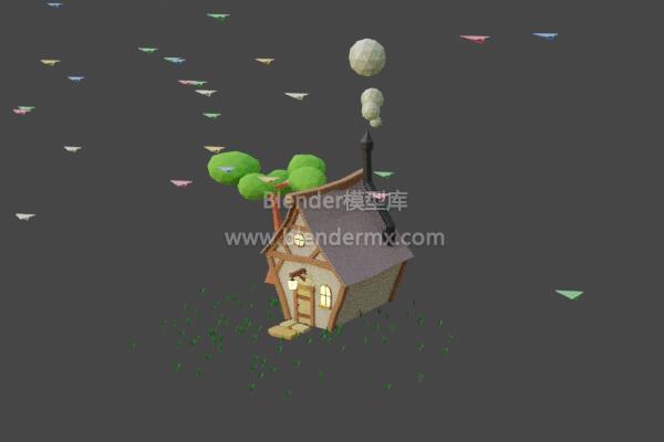 (lowpoly)纸飞机飞过小屋