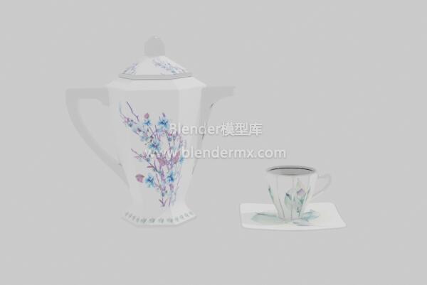 白瓷花纹茶壶茶杯