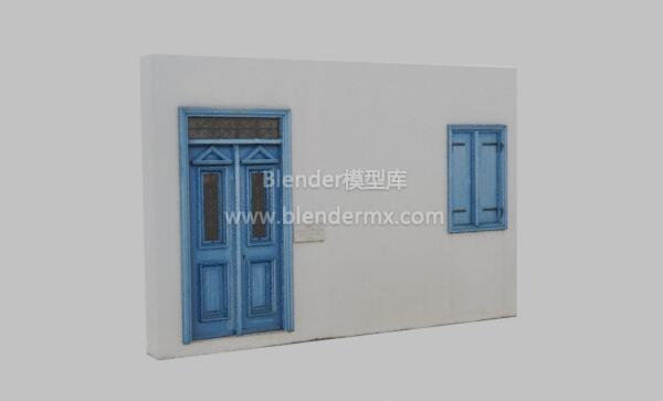 蓝色窗户木门墙壁