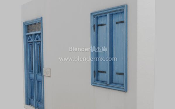 蓝色窗户木门墙壁